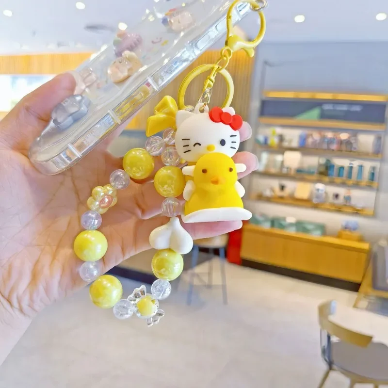 Miniso Sanrio Cartoon Rocking Duck Bead Mobile Phone Pendant Keychain Personalized Backpack Pendant Car Key Chains Cute Keyring