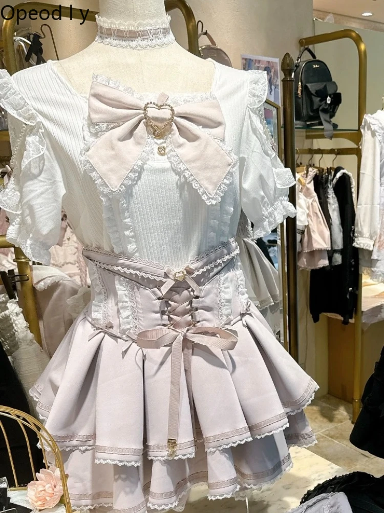 

Liz New Lolita Japanese Mass-produced Soft Girl Sweet Cute Big Bow Neck Strap Bottom Top Summer Women's Short-sleeved Knitwear