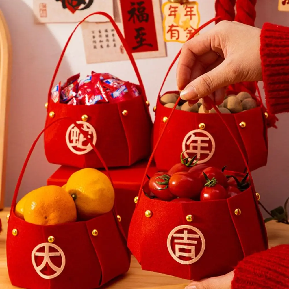 Joyful Thickened New Year Handheld Fruit Basket Felt Red Candy Storage Bag Large -capacity Chinese Style Gift Bags Party Decor