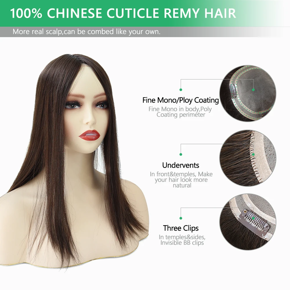 

TP04 16" Mono Hair Toppers Original Chinese Cuticle Remy Human Hair Toupee for Women 3 Clips in Hairpieces