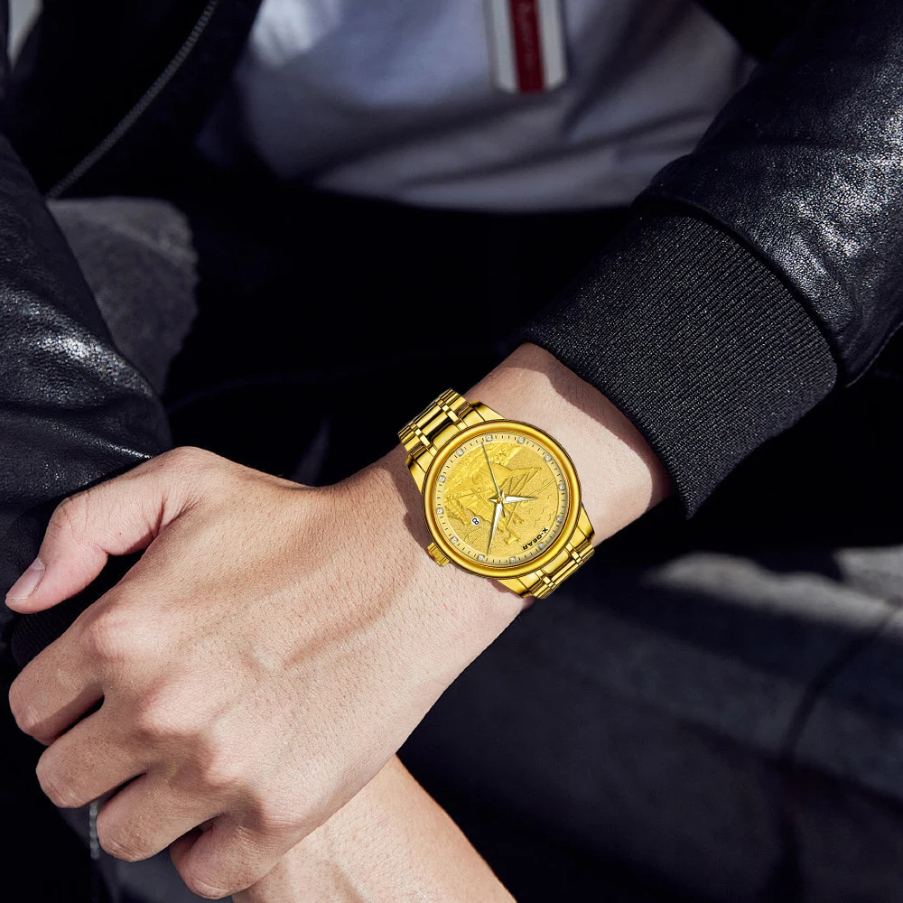 Men Quartz Watch Gold Ship Shaped Dial Waterproof Luminous Date Week Stainless Steel Luxury Business Wristwatch