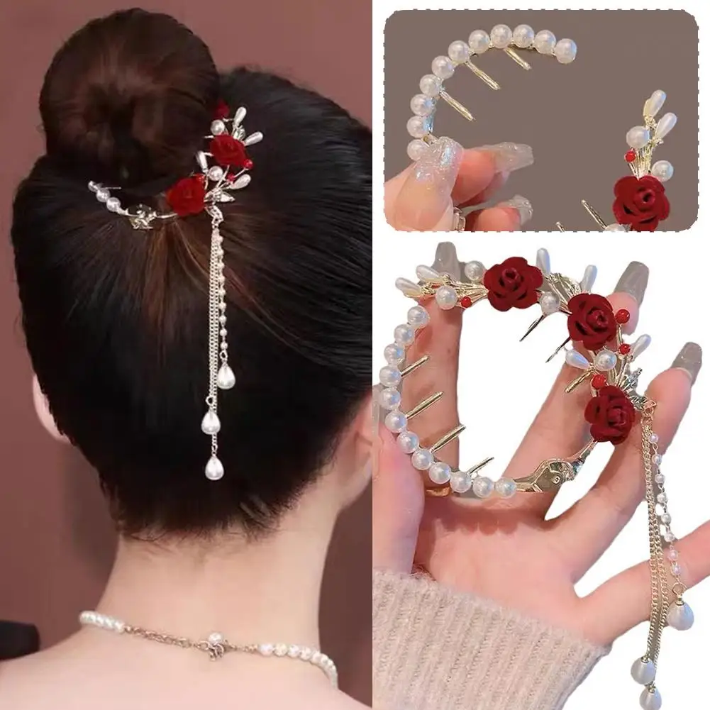 High-looking New Red Rose With Pearl Hair Clip Fashion Accessory Clip Retro Hair Hair Ponytail Elegant Gold Ladies Tassel B K1S3