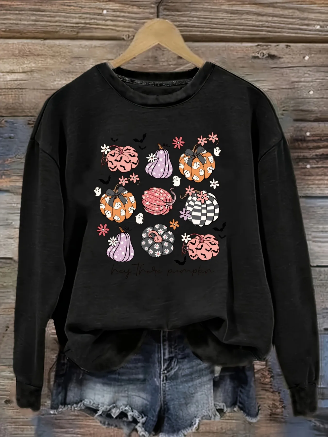 Women's Casual Long Sleeve Crew Neck T-Shirt Hey There Pumpkin Print Design Design, Round Neck Women's Clothing, Machine Washable, Slightly Elastic, Loose Fit, Spring Autumn Winter Women's T-Shirt, Halloween Costume Outfit