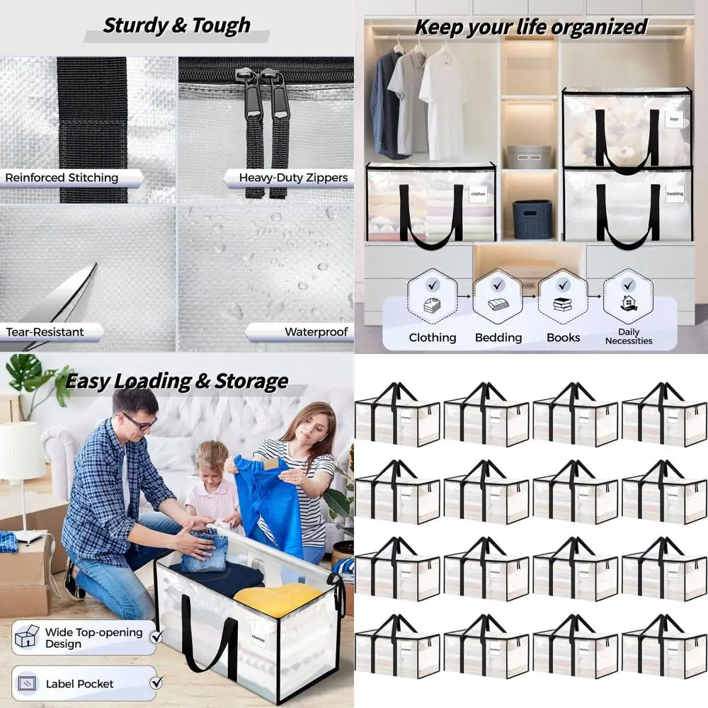 

Набор из 16 больших прозрачных прочных сумок для переезда с усиленными ручками и молниями для хранения, для общежитий и колледжей