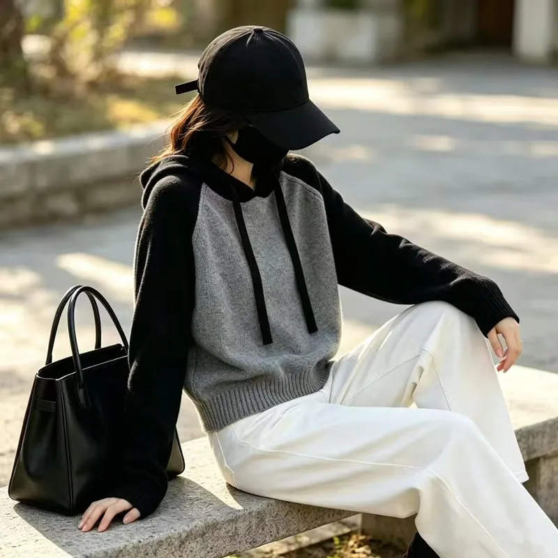 Lazy wind, advanced feeling, slim contrast cashmere sweater, niche hooded sweater