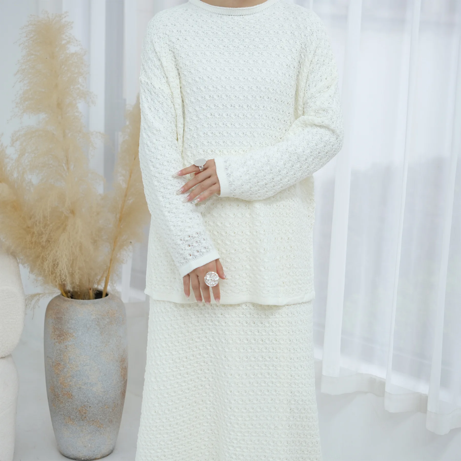 Women Fall Winter Crochet Knit 2 Piece Set Long Sleeve Sweater Top Blouse Maxi Skirt Loose Caftan Islamic Outfit Loose Vestidos