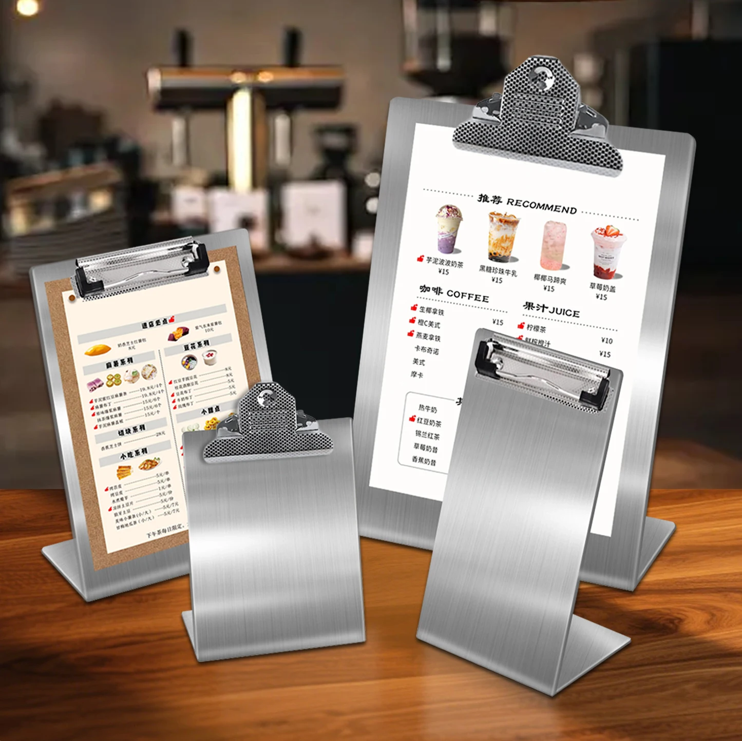 Stainless Steel Table Card Holder Vertical Menu Display Stand for Milk Tea Pricing and Drink Menu, Durable Elegant Display Sign