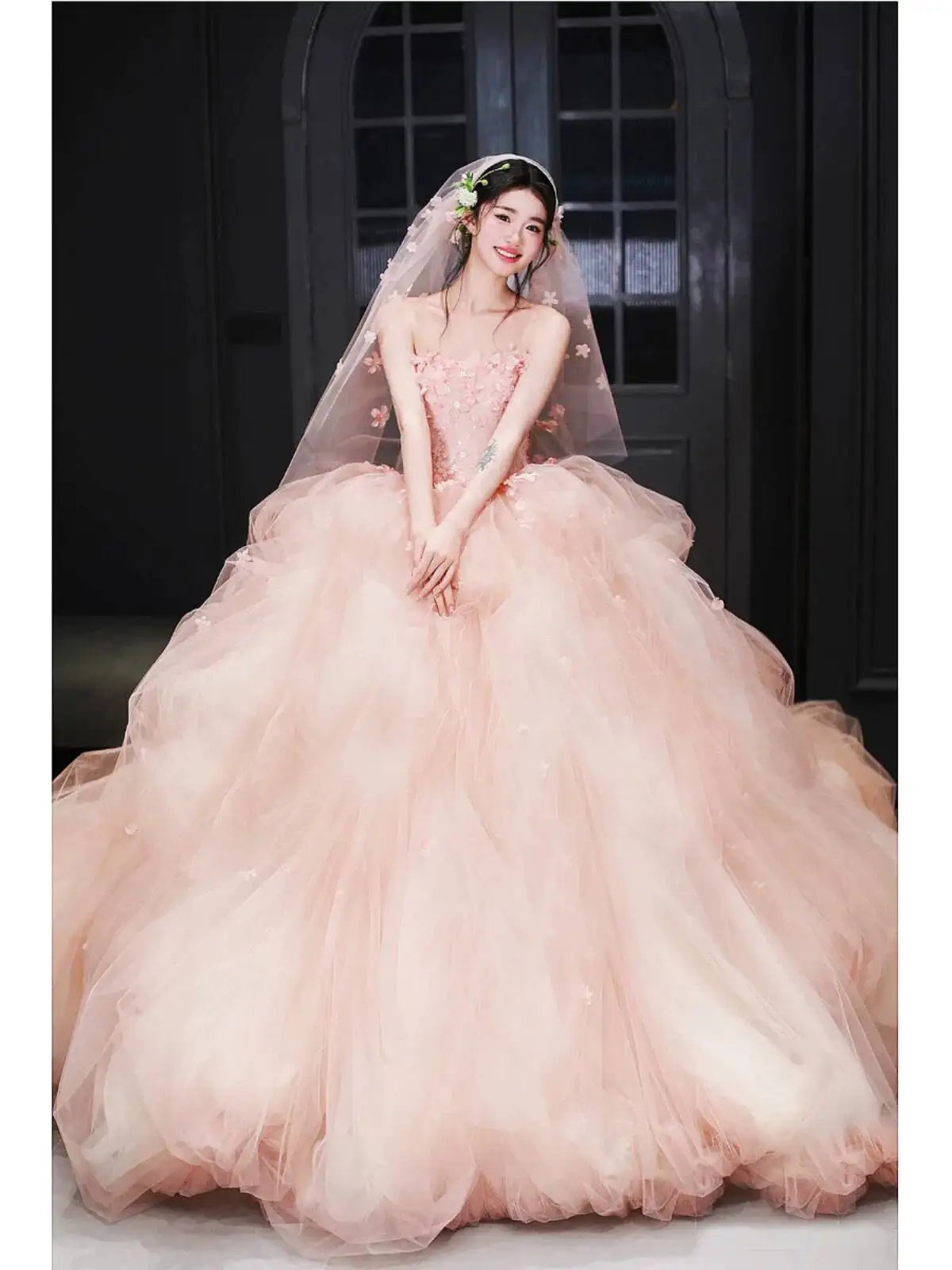 Blush Pink Strapless Ball Gown Wedding Dress 3D Floral Appliques Tulle Bridal Gown with Matching Flower Veil