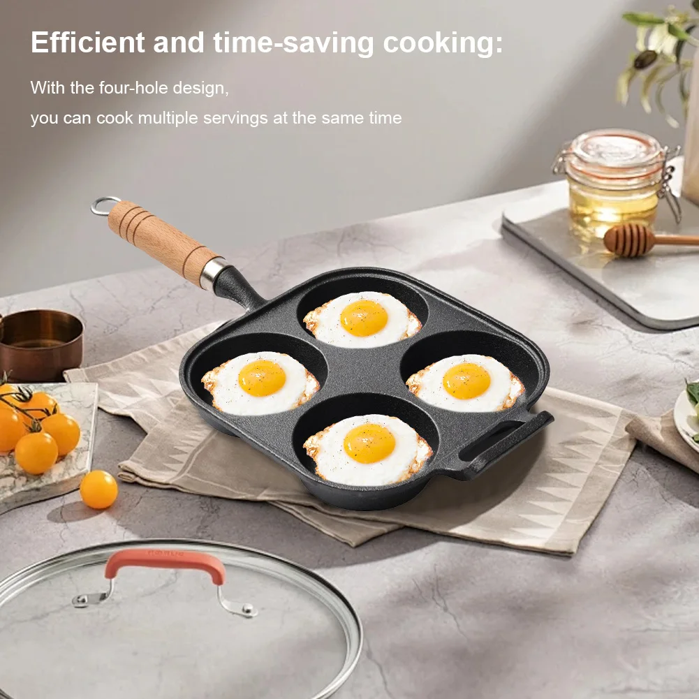 4 Hole Cast Iron Omelet Pan Heart-Shaped Non-Stick Egg Pancake Steak Pan Cake Maker Frying Pan Breakfast Grill Cooking Pot