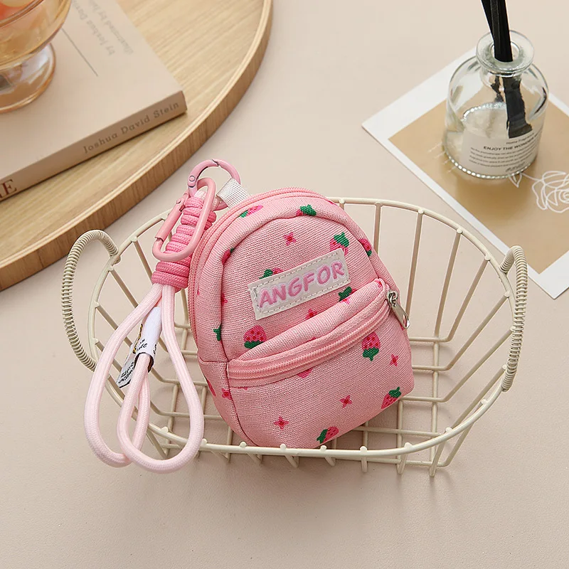 Pink Strawberry Printed Mini Coin Purse Backpack Pendant Anti Loss Key Chain Wallet Portable Multifunctional Earphone Bag