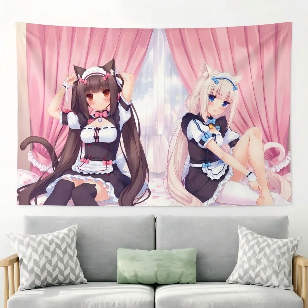 Nekopara Anime Tapestry, Kawaii Psychedelic Wall Banner, Aesthetic Wall Hanging Backdrop for Girls Bedroom, Pink Room Home Decor