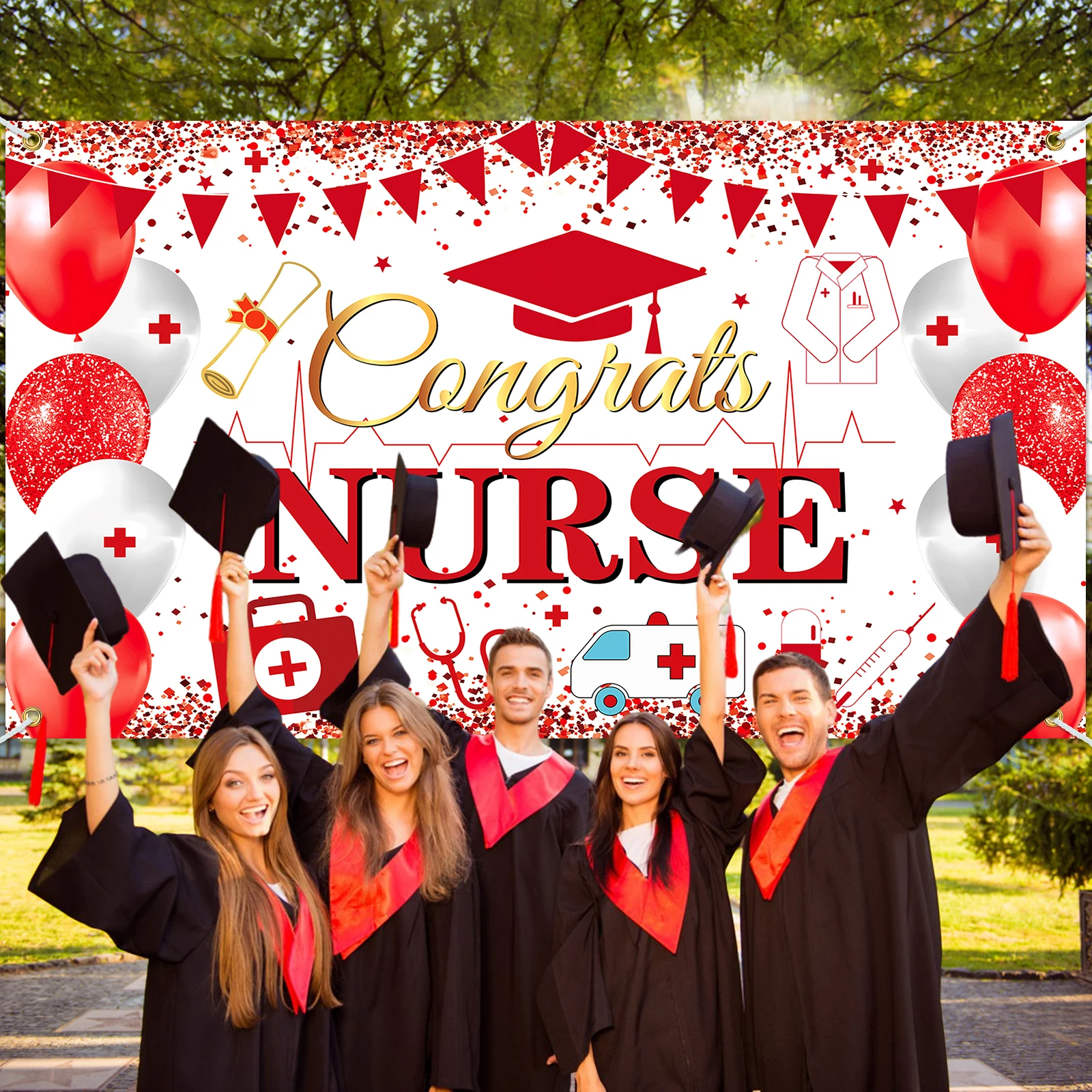 Fondo de fiesta de enfermera, fondo de fotografía con tema de graduación de enfermera de felicitaciones rojo dorado para decoración de fiesta de graduación de clase de 2024