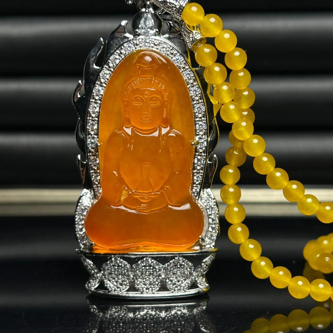 Natural Ice Yellow Jade Jadeite Carved GuanYin Pendant&Necklaces