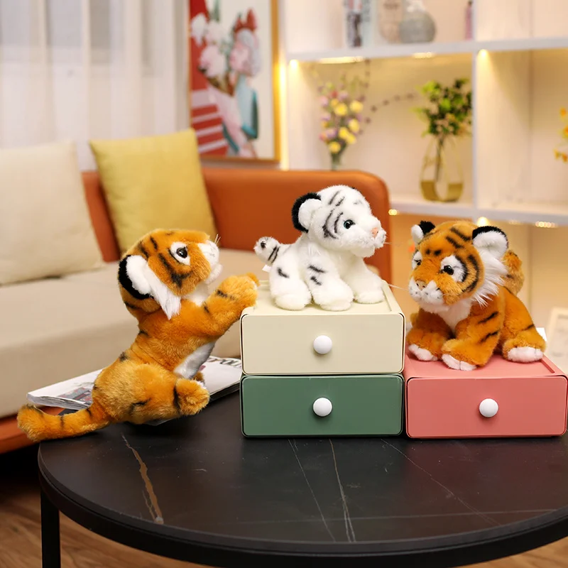 Mini muñeco de peluche de tigre de simulación Kawaii para niños, animales amarillos y blancos en diferentes posturas, juguete de peluche de tigre para niños, regalos de acompañamiento