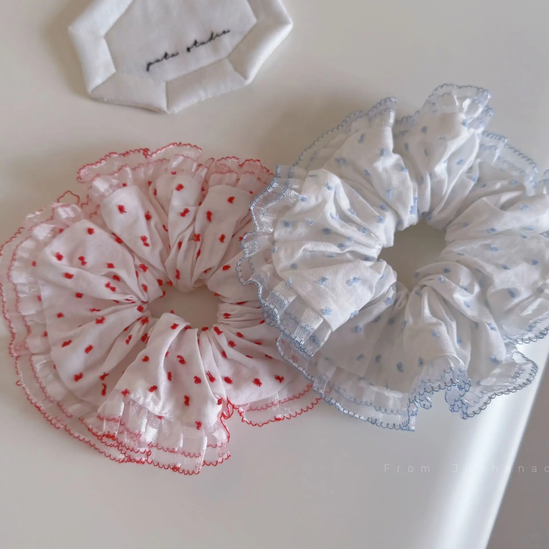 Banda para el cabello de encaje de hilo dulce, lunares rojos y azules frescos, anillo para el intestino grueso, cuerda elástica para el cabello, accesorios para diadema para niña