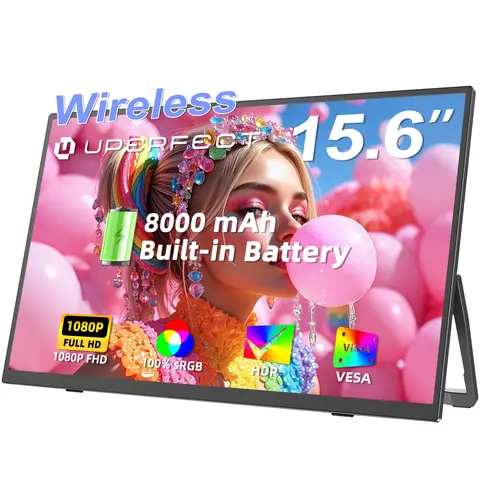 UPERFECT Batterie Sans fil Moniteur portable, 8000mAh 15.6" 1080P IPS USB-C / HDMI Deuxième écran Haut-parleurs intégrés Soutien AirPlay / Miracast pour ordinateur portable / téléphone / tablette / commutateur / Xbox