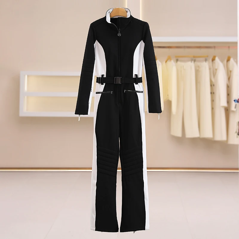 Faionable contraste cor fce forrado cintura cinching gola casual macacão de cintura alta calças femininas quentes 2025 inverno