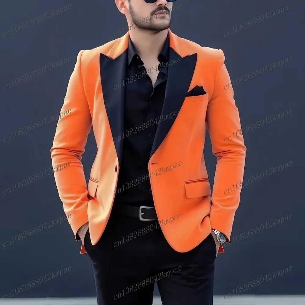 

Новый оранжевый бархатный и черный мужской костюм, деловой костюм для жениха, жениха, свадебной вечеринки, выпускного вечера, мужские смокинги, комплект из 2 предметов, пиджак, брюки