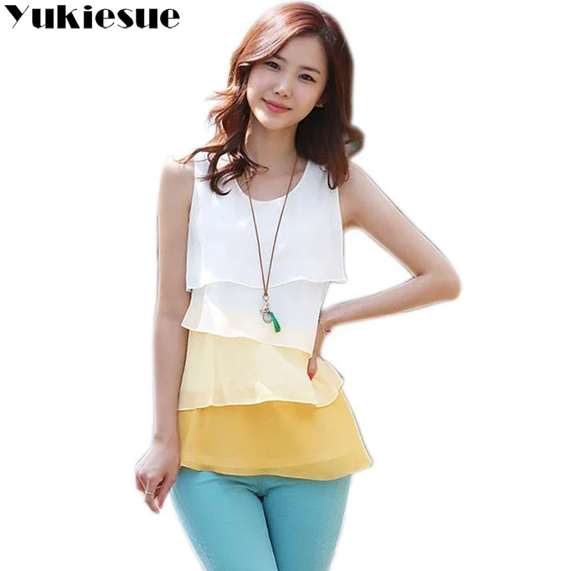 2022 Fashion New Multi-layer Shirts Women Tops Summer Blouse Vest Sleeveless Cheap Chiffon Shirt