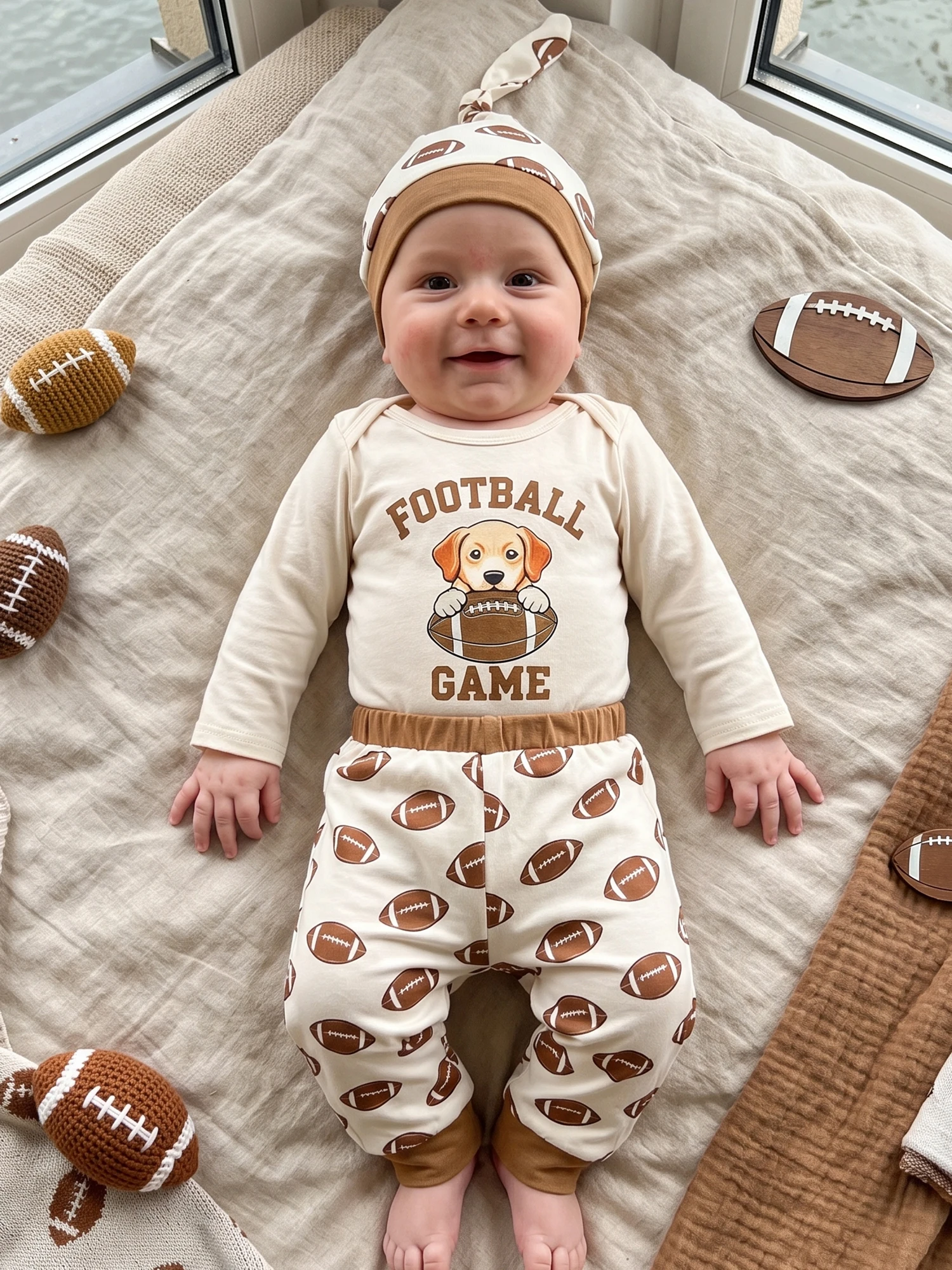 Boy Football Sleeve Print Long Hat 3 Pcs Set Hat Baby Outfits Print Long Boy-Football-Outfits Baby Boy Football