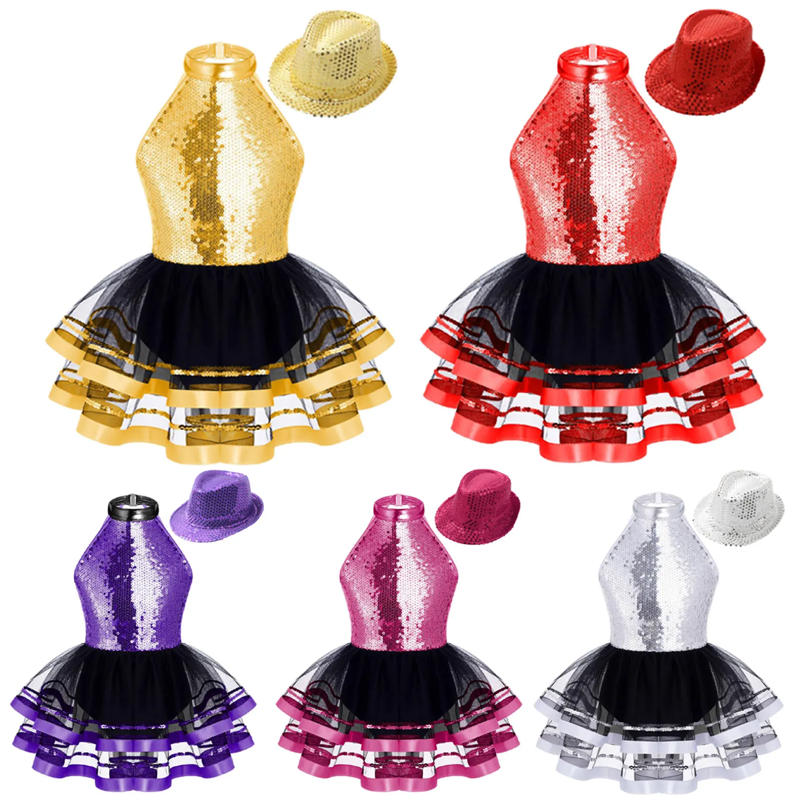 

Kids Girls Latin Jazz Dance Performance Costume Ballet Gymnastics Leotard Sleeveless Sparkling Sequins Decor Tutu Dress with Hat
