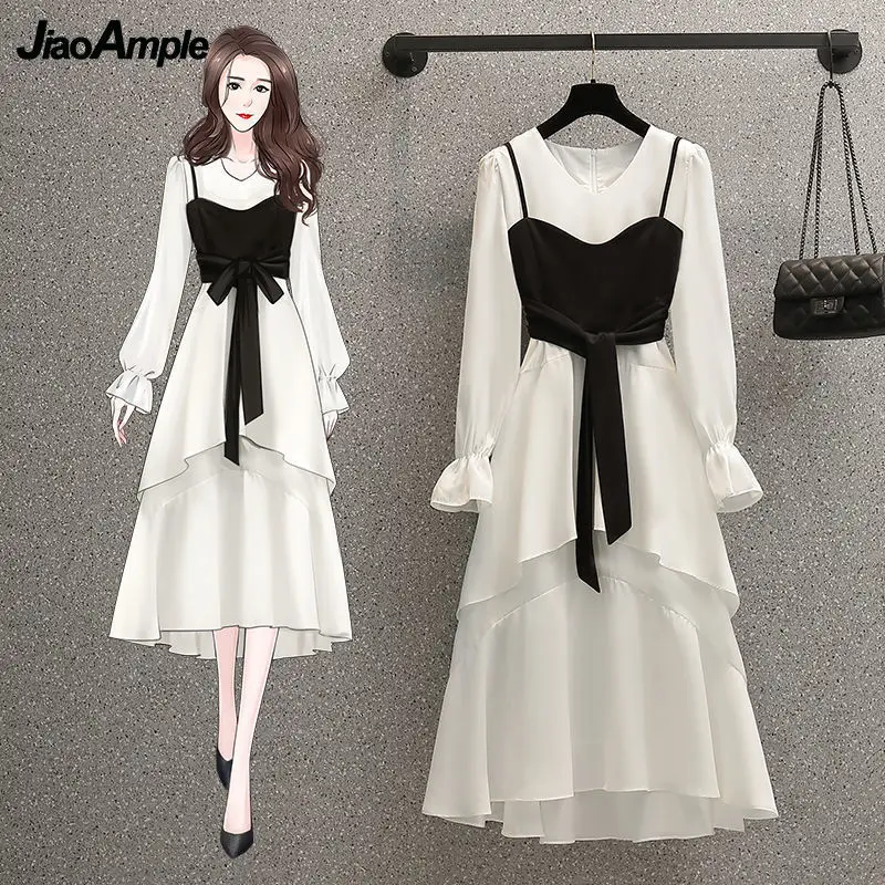 

Women Graceful Midi Flare Sleeve Two Piece Dress Set 2022 Spring Autumn Lady Elegant Layers White Dresses Black Vest Outfits