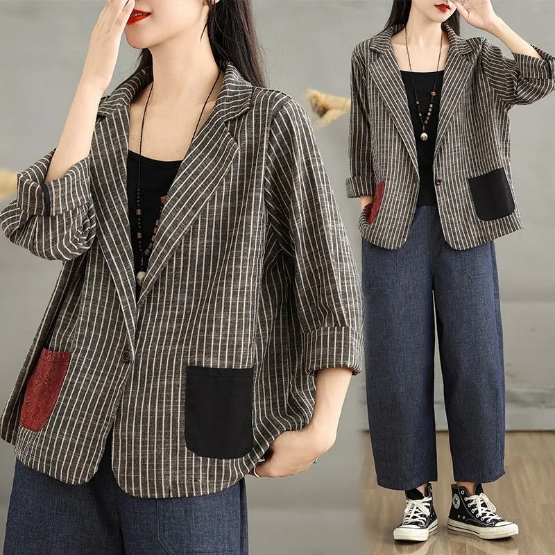 

New Women's Casual Blazer Retro Splicing Striped Suit Jacket Spring Autumn Design Sense Female Office Outerwear with A Button