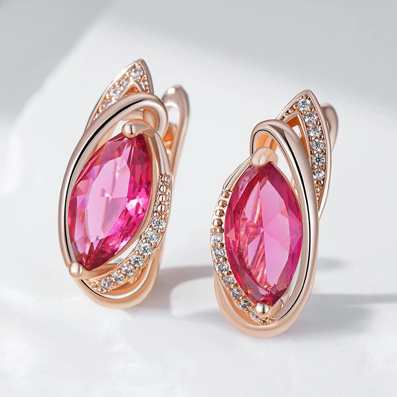 Kinel Hot Red Rhombus Natural Zircon Drop Earrings for Women Fashion 585 Rose Gold Color Vintage Party Fine Daily Jewelry