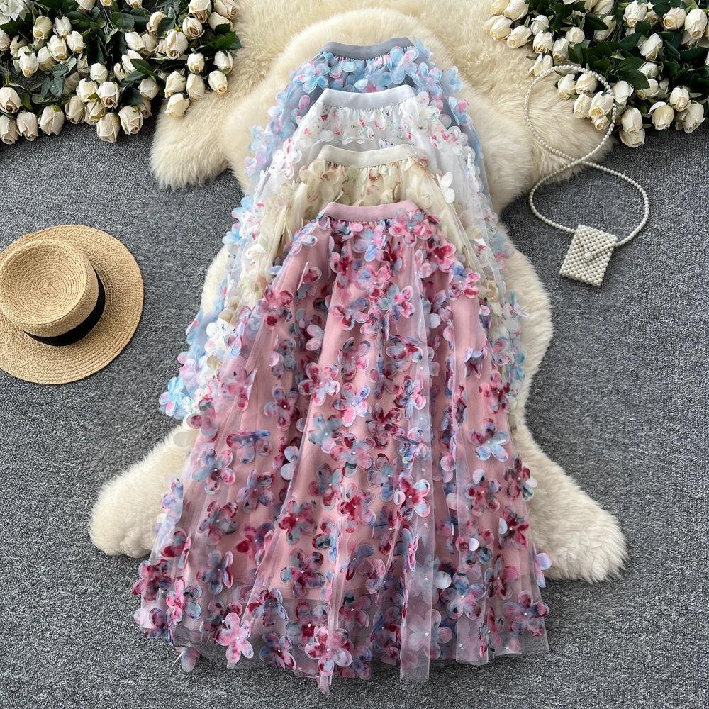 

Clothland женская стильная сетчатая юбка с цветочным принтом и бисером с эластичной резинкой на талии трапециевидной формы в европейском стиле женские шикарные юбки-миди BA360