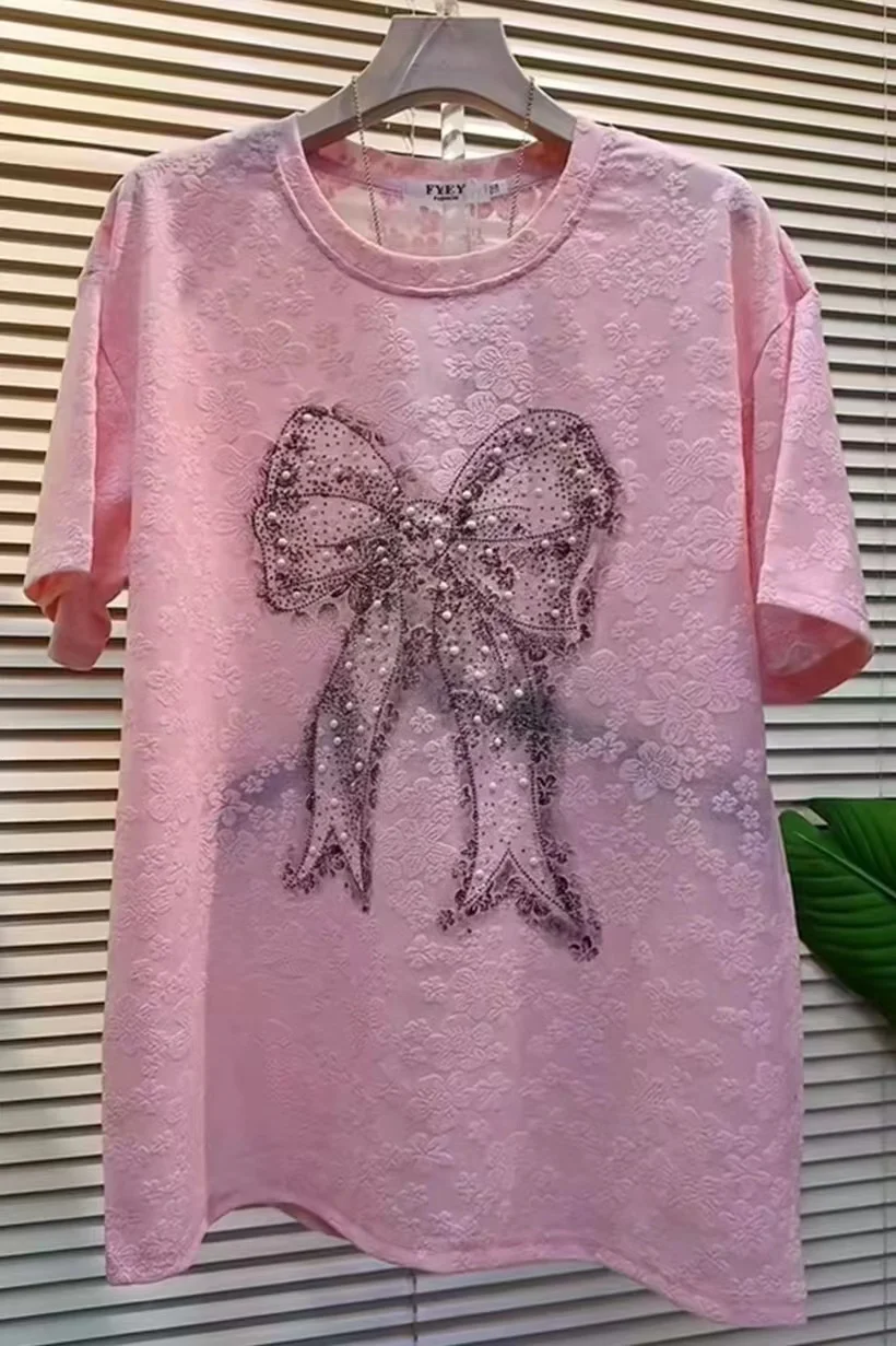 Rhinestone Oversized Short Sleeve Tshirt For Women 2024 Summer Lace Embroidery Loose Casual Mid-length Pink T-shirt Tops Tees