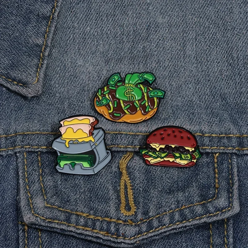 Pin de dibujos animados con forma de hamburguesa, insignia personalizada divertida, Donuts, dólar, accesorios de Metal, broche, insignias para ropa, broches para ropa