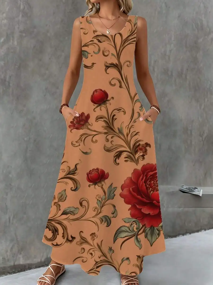 

Sleeveless Floral Maxi Dress Beige With Red Roses Green Leaves Summer Casual Beach Wear