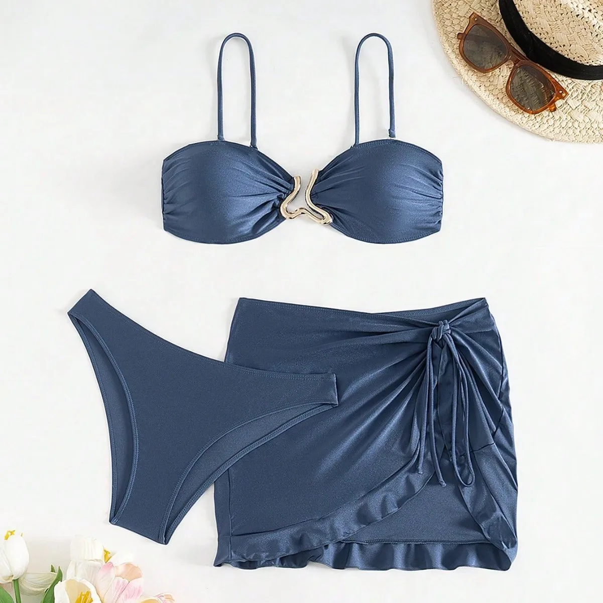 sexy blue plain satin bikini sets three pieces with ruffles tie split mini skirt swimsuits bathing suit swimwear biquini tankini