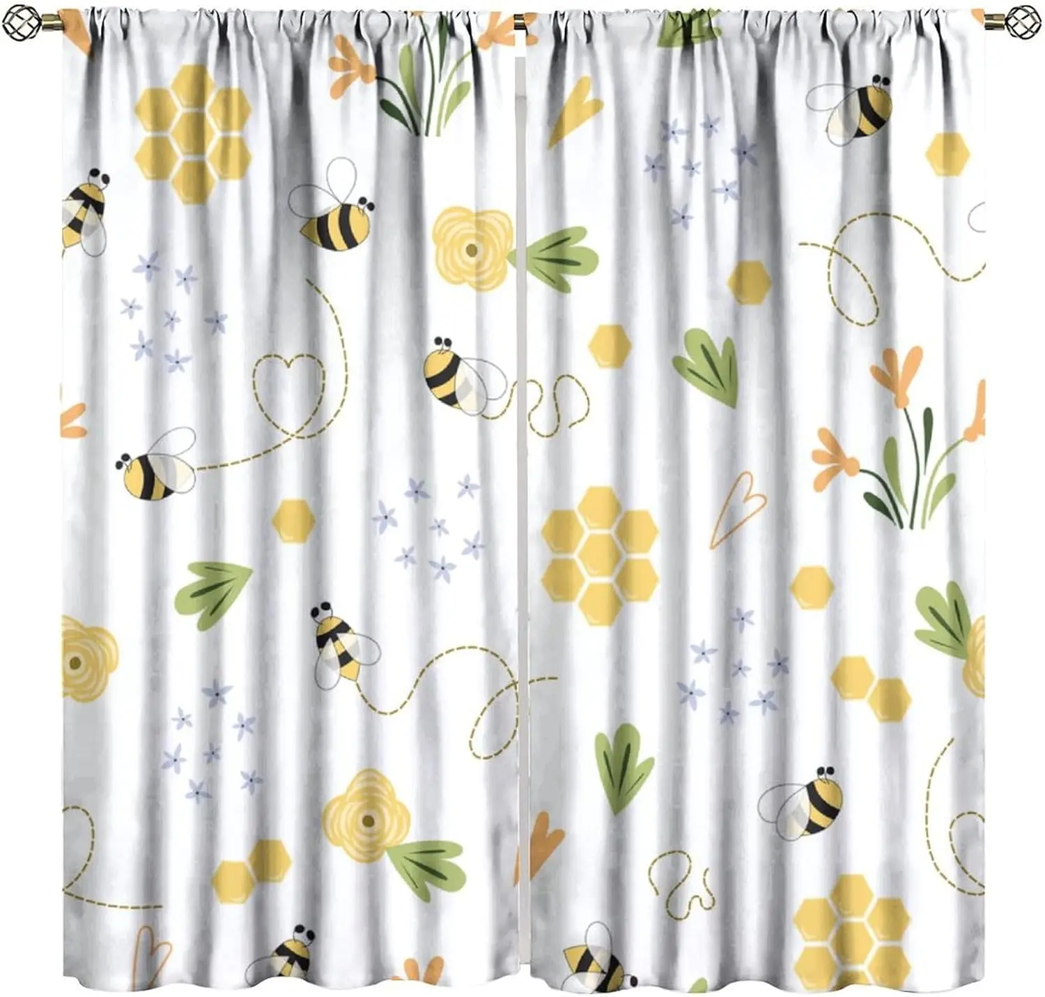 Cartoon Spring Bee Flower Curtains Flying Bees Beautiful Flowers Pentagonal Petals Green Weeds Yellow Honey Window Drapes for