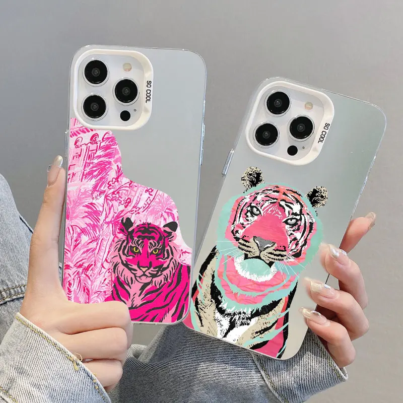 

Cute Colored Drawing Animals Tiger Cartoon Laser Phone Case For iPhone 14 Plus 11 12 Mini 13 Pro Max 16 15 Pro Max Back Covers