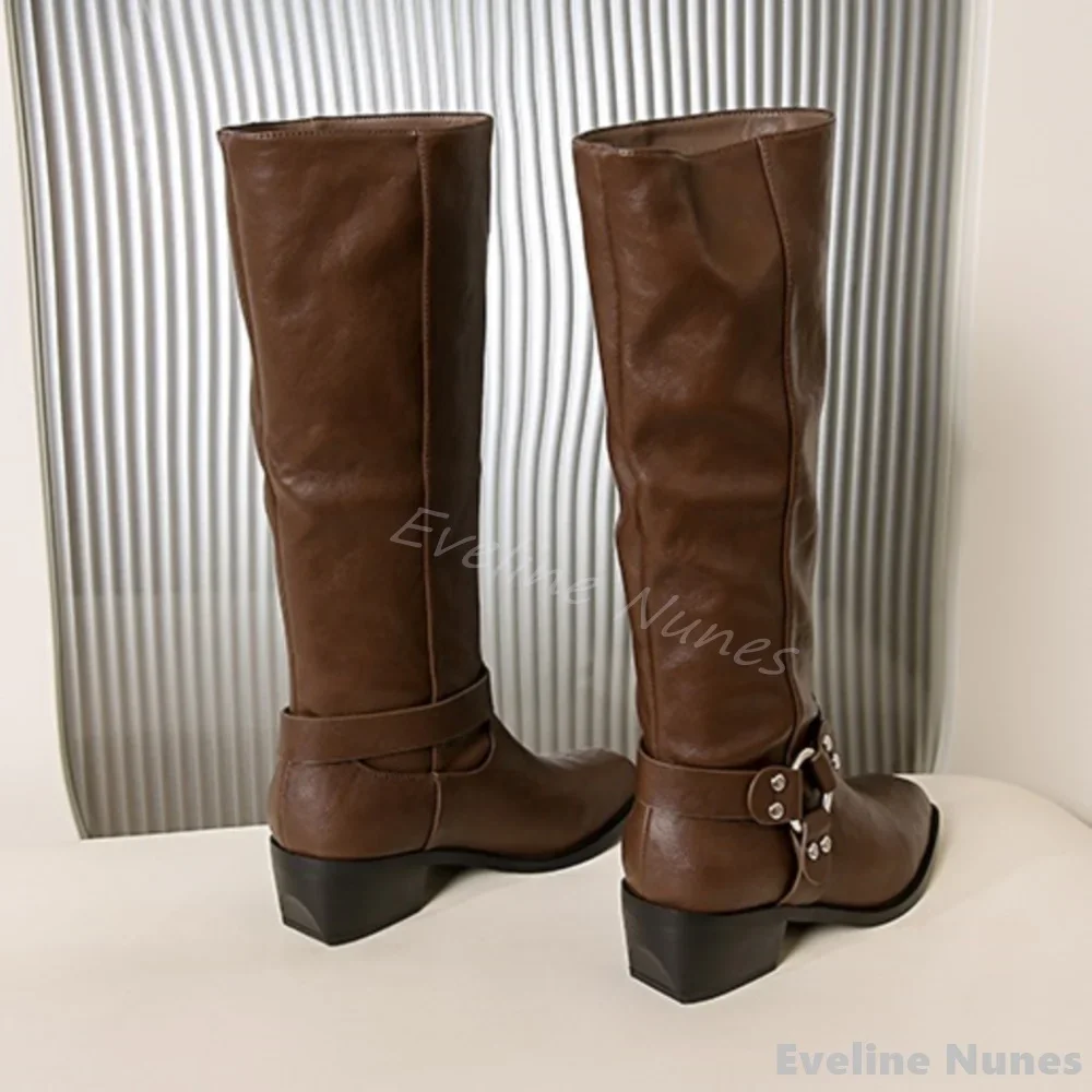 Retro Brown Thick Heel Knee High Boots Women Fashion Metal Buckle Square Toe Slip On Knight Boots 2025 Winter New Solid Boots