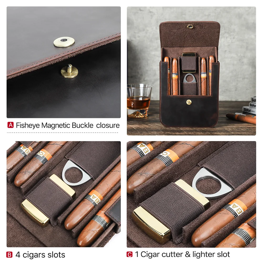 Luxury Humidor 4 Slots Cigar Box Portable Travel Cowhide Leather Case for Clutter Lighter Smoking Accessories Fisheye Buckle