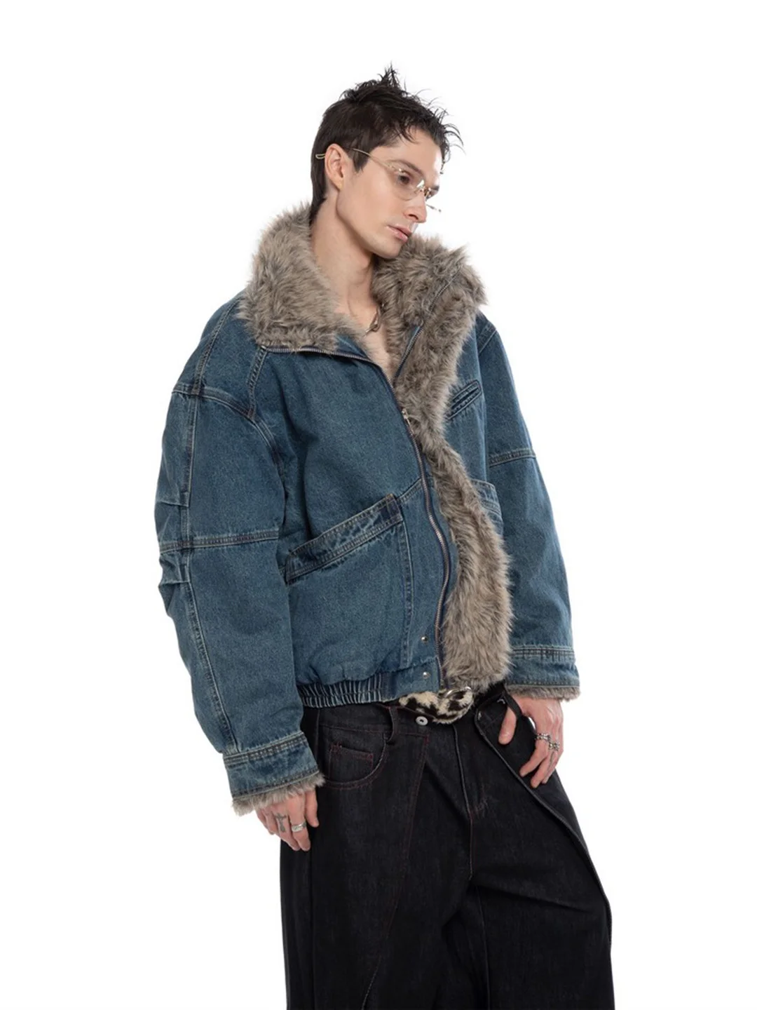 

Autumn Winter Thiened Fur Mountain Eagle Denim Cotton Jaet Men's Faion High Street Loose Wide Thiened Motorcycle ...