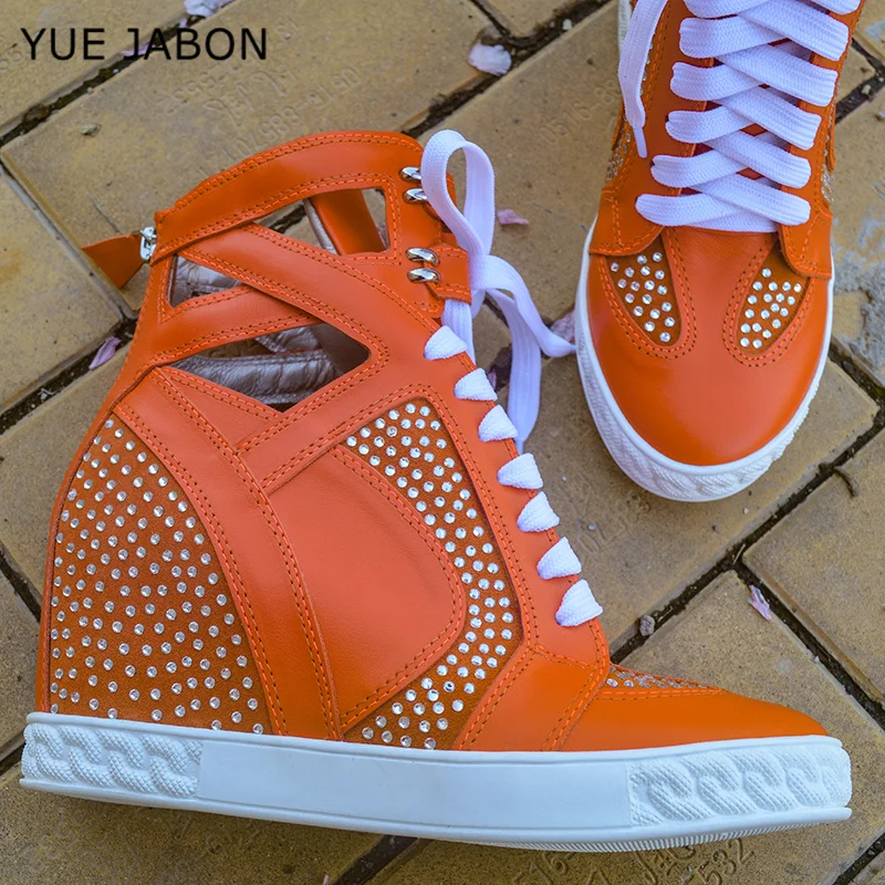 

Кроссовки, увеличивающие рост, 8 см, женская повседневная обувь на танкетке, оранжевый цвет, женская обувь на плоской подошве с высоким берцем и скрытым каблуком, ковбойские сапоги