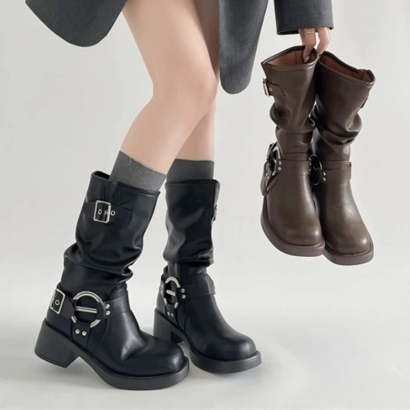 Vintage Thick Bottom Women Western Cowboy Boots Fashion Metal Buckle Block Heel Shoes Ladies Casual Motorcycle Mid Calf Botas