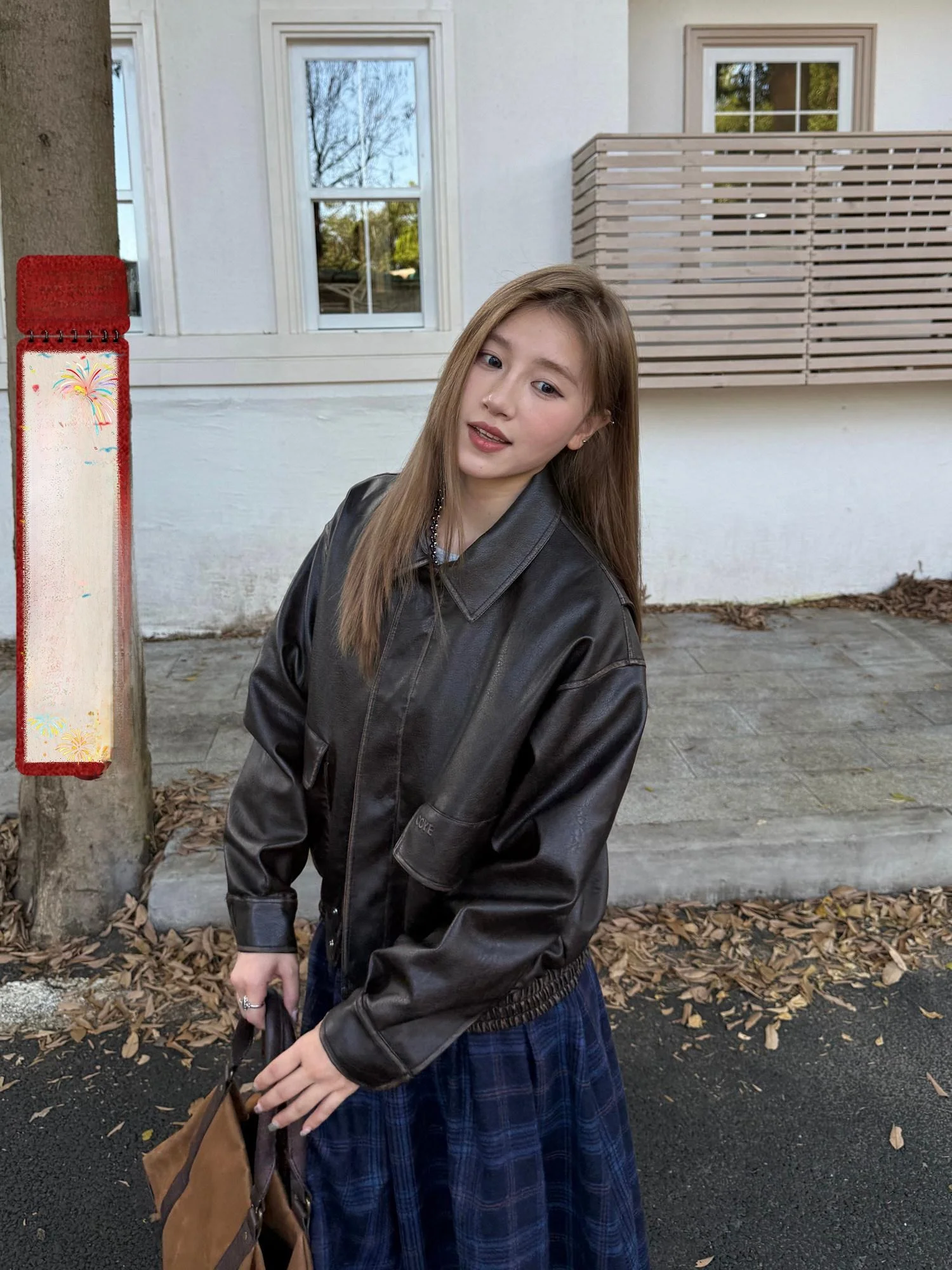 Chaqueta de Cuero Desgastado para Mujer, Estilo Holgado, Vintage, Americano, con Cuello, Chaqueta de Cuero PU con Parches, Ropa Exterior Informal