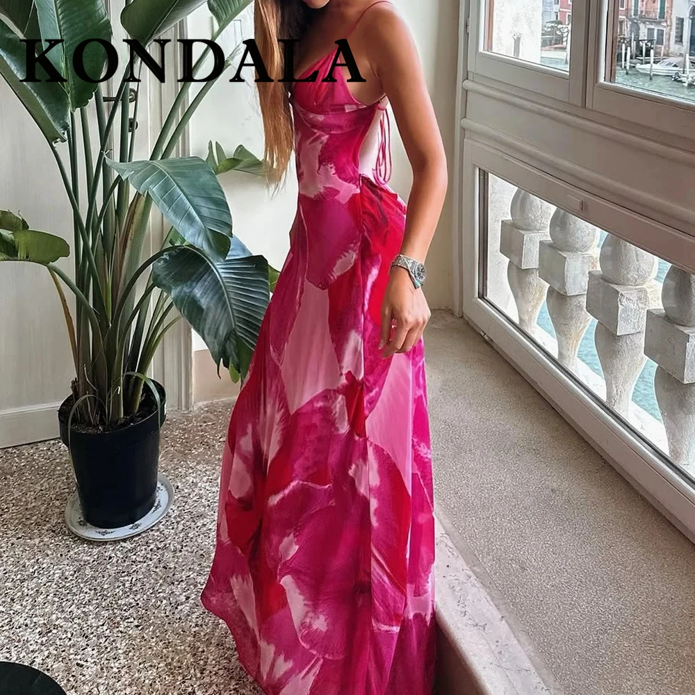 KONDALA Chic Sexy 2025 été rose plissé femme robe nœud cou monté vacances longue robe imprimer femme fermeture éclair gaine robes