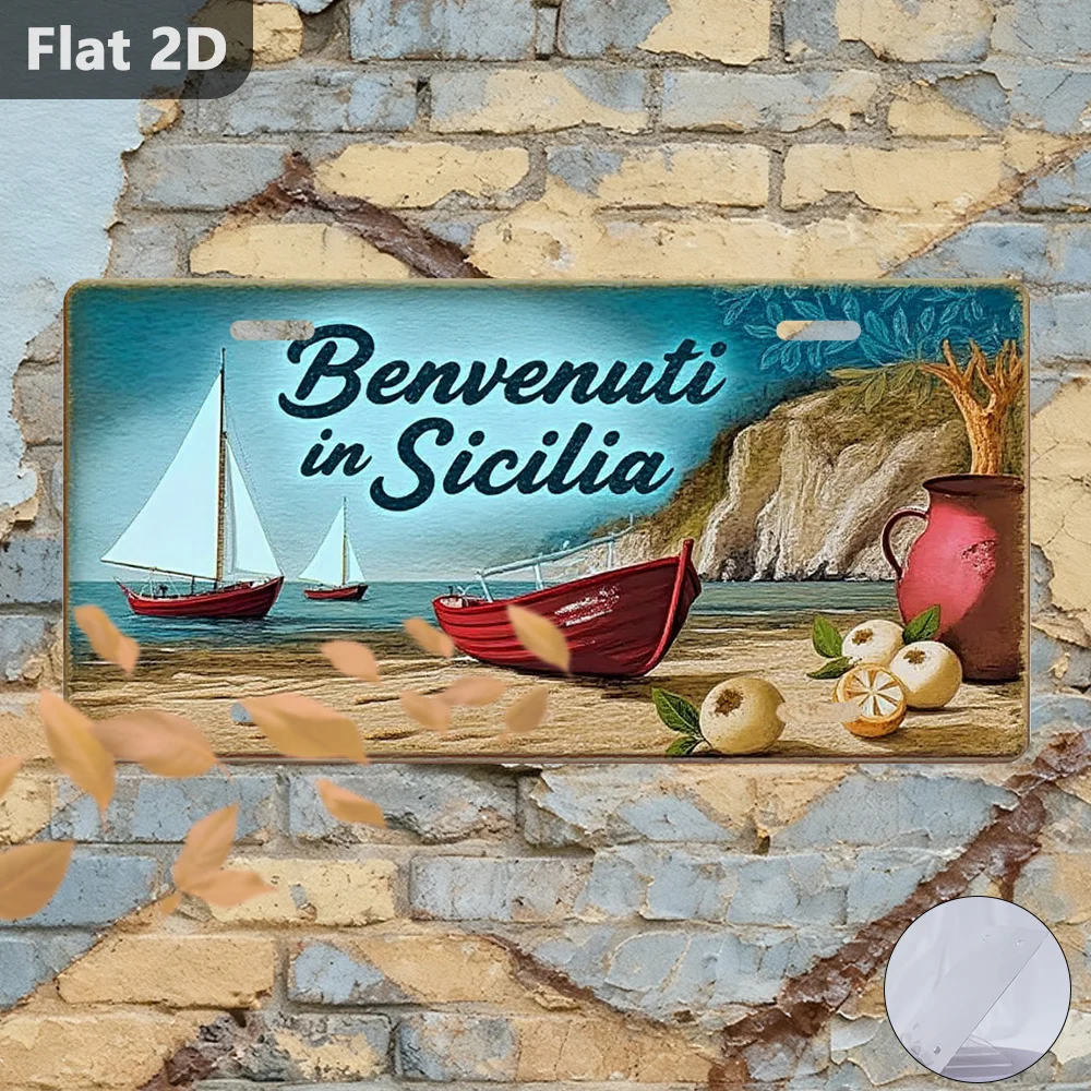 2D Flat, for Decorative Use Only, 2D Flat, 1pc Heavy-Duty Sicily Italy Metal Sign Wall Art - Vintage Italian Coastal Metal Pl
