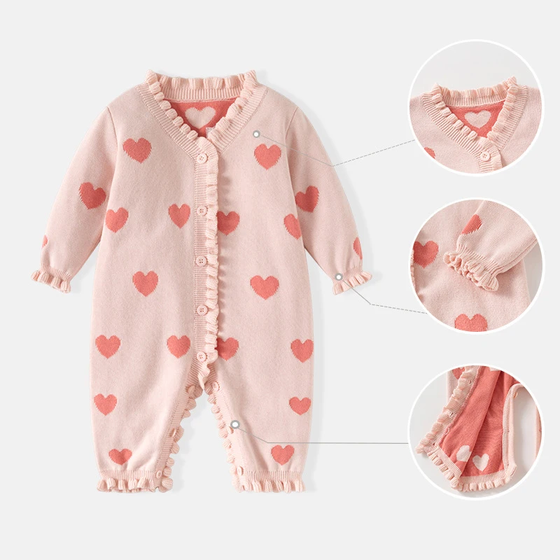 

2026 весенние комбинезоны для маленьких девочек, 100% хлопок, жаккардовые вязаные комбинезоны с рюшами и воротником для новорожденных девочек, боди для маленьких девочек