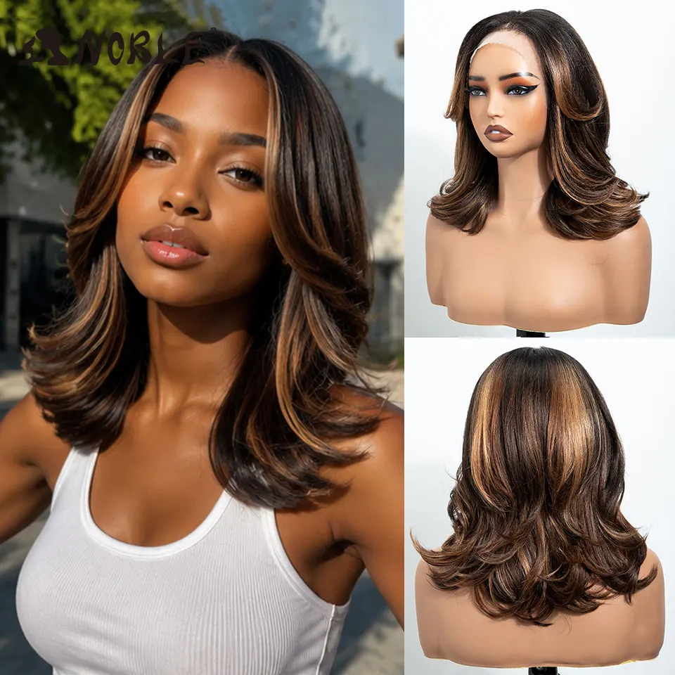 NOBLE 13x4 Synthetic Lace Front Wig 20 Inch Highlight Brown Body Wave Air Bangs Tiktok Viral Heat Resistant Wigs For Women
