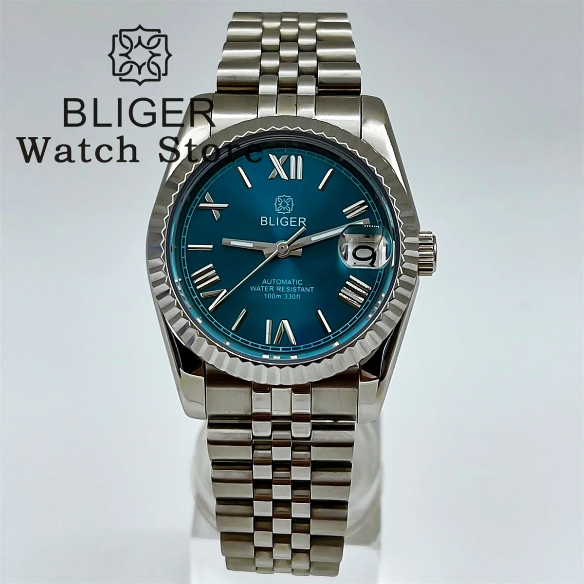 BLIGER 36mm 39mm NH35A Automatic Men\'s Watch Fluted Bezel Sapphire Sunbusrt Peacock Blue dial Date Stainless steel Bracelet