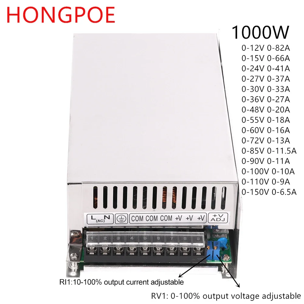 Adjustable 1000W Switching Power Supply 0-12V 15V 24V 36V 48V 60V 72V 85V 90V 110V 150V 110/220V Ac To Dc Smps led Industrial