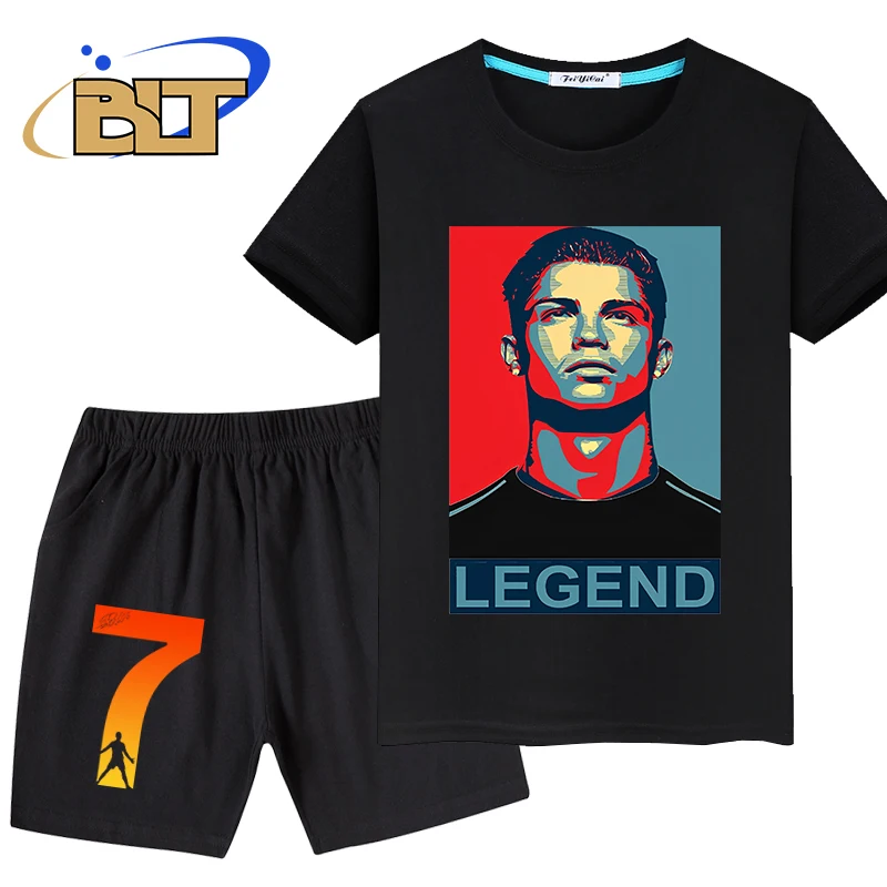 

Ronaldo head print summer children's clothing kids pure cotton T-shirt set casual short-sleeved shorts 2-piece set