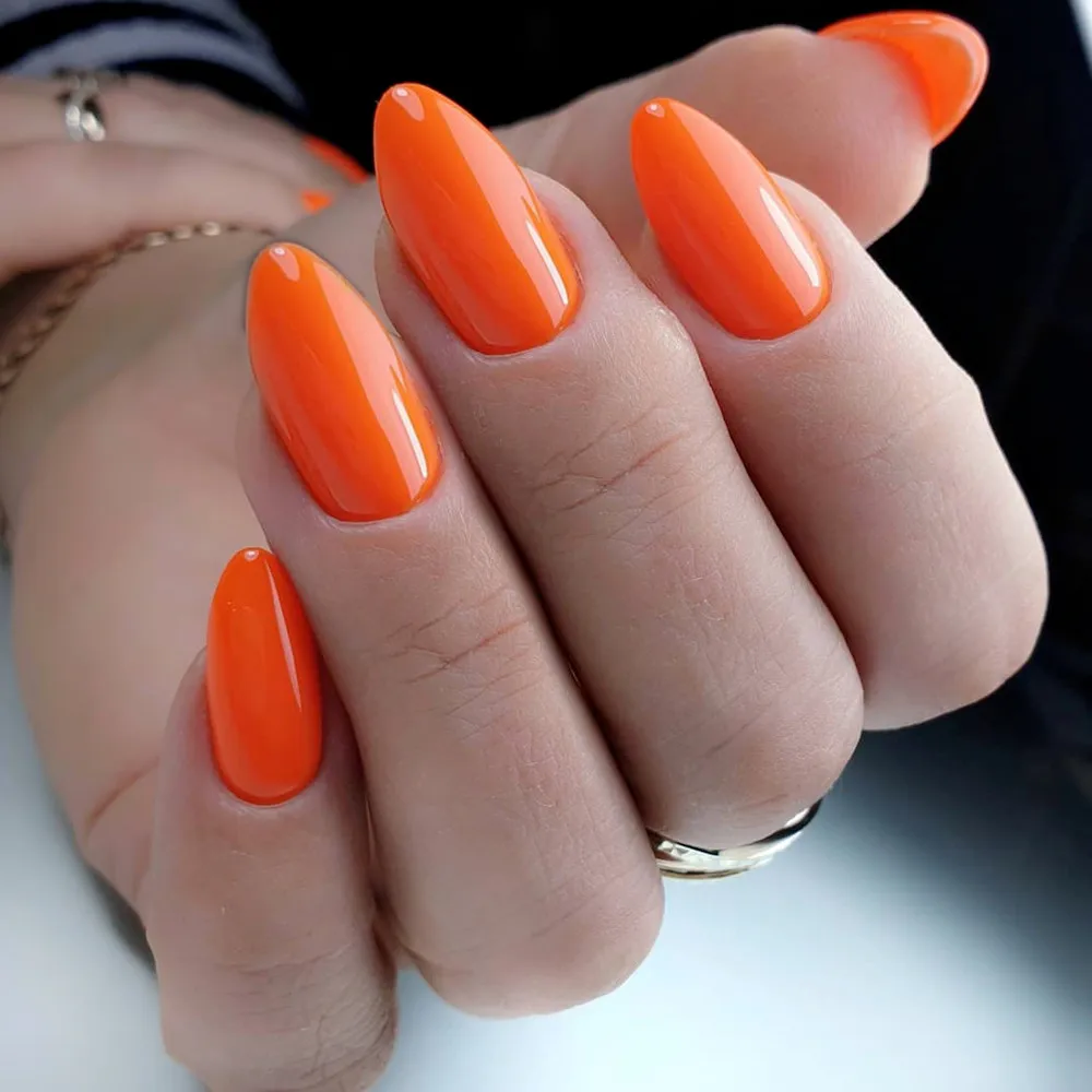 

48Pcs Short Stiletto Shaped Fake Nail With Glue Sticker Acrylic Press On Nails Glossy Orange DIY Woman Finger Tip Manicure Tool