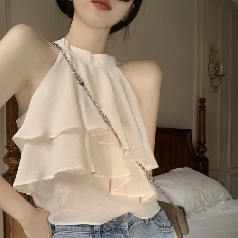 Women Ruffle Chiffon Tops Halter Shirt Off Shoulder Sexy Chiffon Blouse O-neck Sleeveless Chiffon Tanks Korean Casual Tank Tops